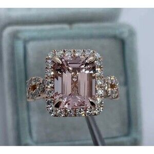 Pink Emerald cut Gemstone Ring in Rose Gold alloy setting- size 8